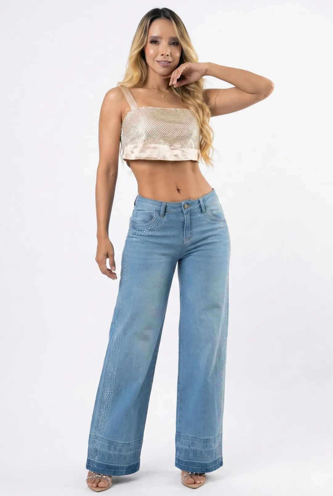 JEANS VALCOUR - Wide leg - STRECH - Ancho - tono Azul claro-  ancho REAL CULTURE