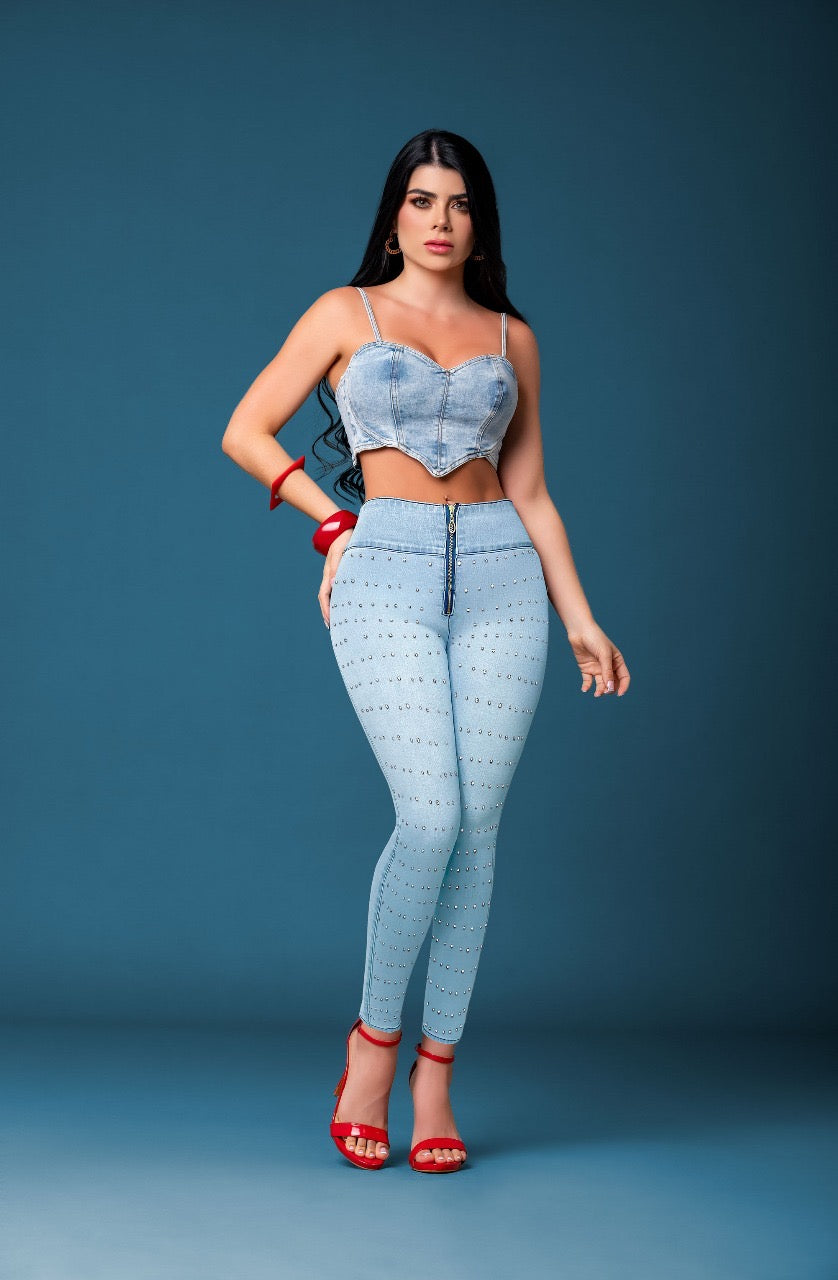 JEANS MORA AZUL C BRILLOS  BOTA TUBO - SIN BOLSILLOS - CON FAJA TRIPLE REALCE 3D